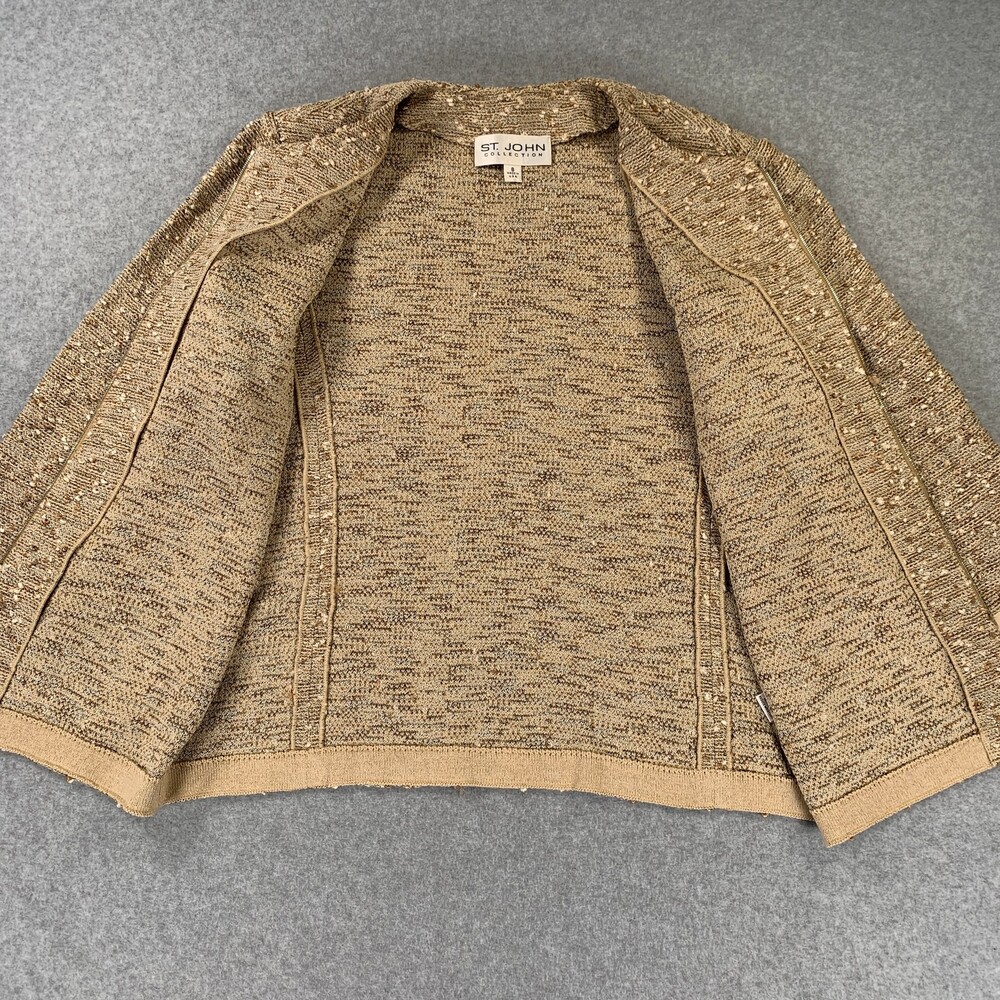 St. John Collection Blazer Jacket Gold Tan Boucle Knit Leather Trim Zip Size 8 - Picture 6 of 12